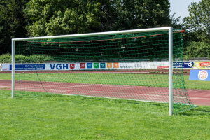 Fußballtor 7,32 x 2,44 m, feststehend in Bodenhülsen, vollverschweißt, silber, mit Netzbügel